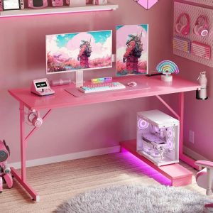 52" Pink Gaming Desk – with LED Lights, Power Outlet, Monitor Stand & Headphone Hook
