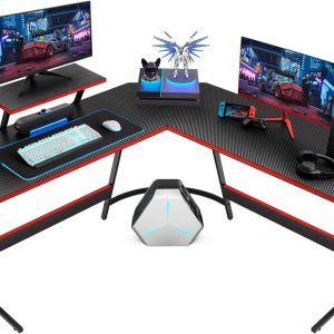 L-Shaped Gaming Computer Desk – Corner PC Desk with Large Monitor Riser for Home Office & Study