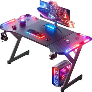 47" Gaming Desk with LED Lights – Ergonomic Computer Table with Carbon Fiber Surface, Sturdy PC Workstation Desk for Home Office