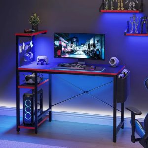Gaming Desk with LED Lights – 44" PC Gamer Desk for Small Spaces with Reversible Storage Shelves & Side Storage