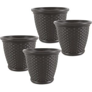 18-Inch Plastic Wicker Garden Planters – Decorative Planting Pots (4 Pack)